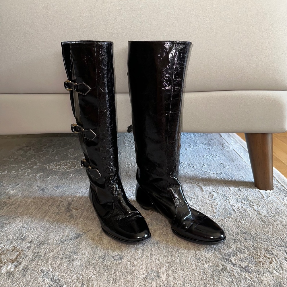 Women's Jimmy Choo Patent Leather Boots with Buckles, size 6.5